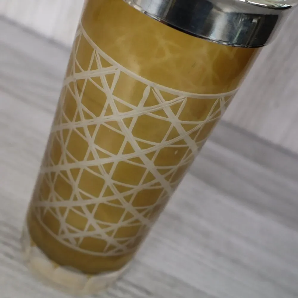 Vintage Glass MCM Barware Cocktail Shaker 3pc Set Amber Geometric Pattern Madmen